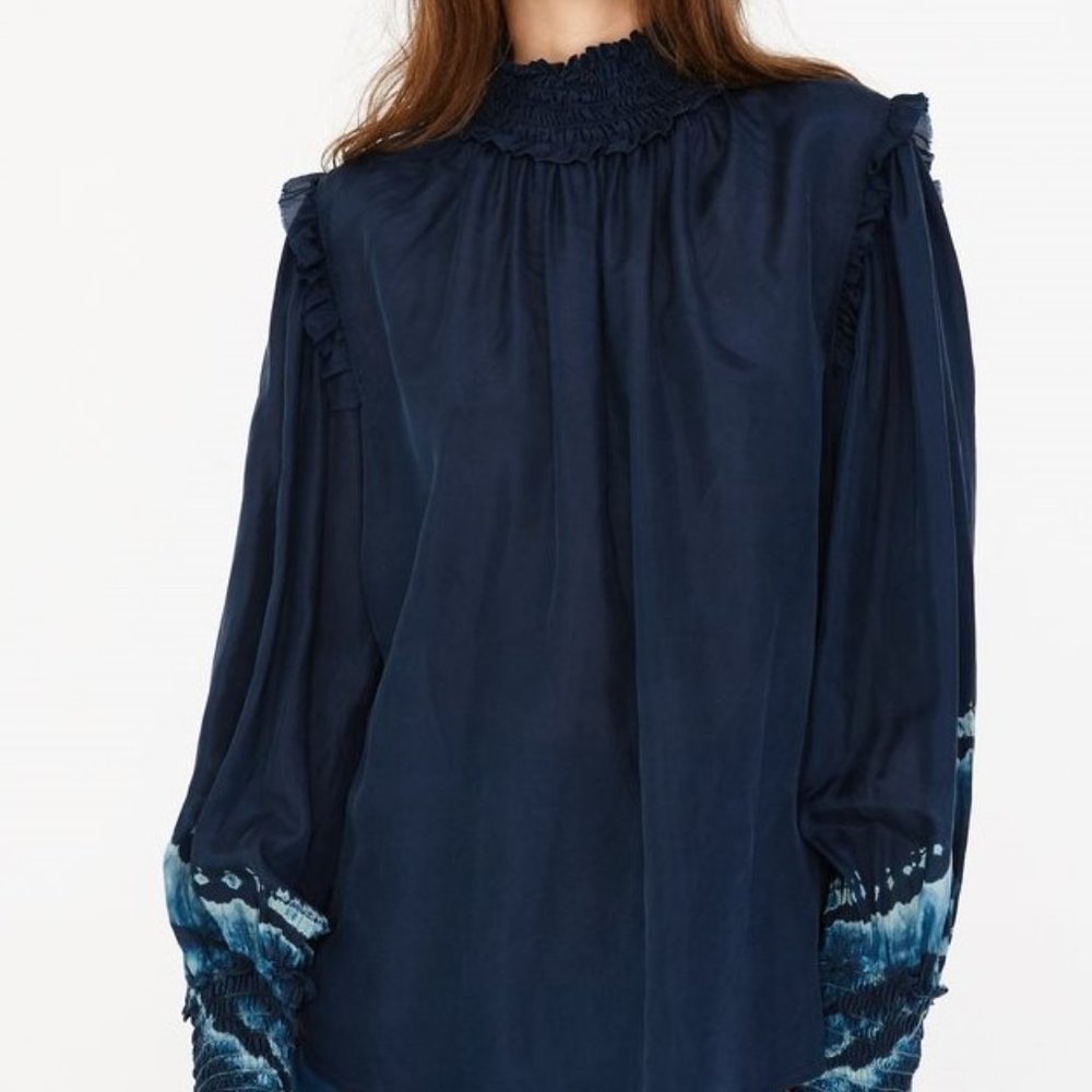 RAQUEL ALLEGRA BLUE SILK VICTORIAN BLOUSE 0 OR XS